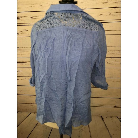 IZ Byer XS Extra Small Tie Front Shirt Blouse Lace Knot Blue Womans Sexy Y2K - Picture 2 of 8